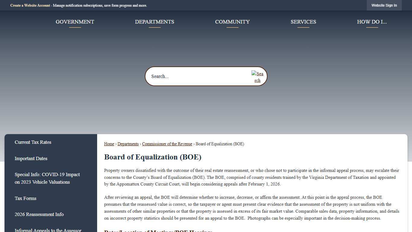 Board of Equalization (BOE) Appomattox County, VA